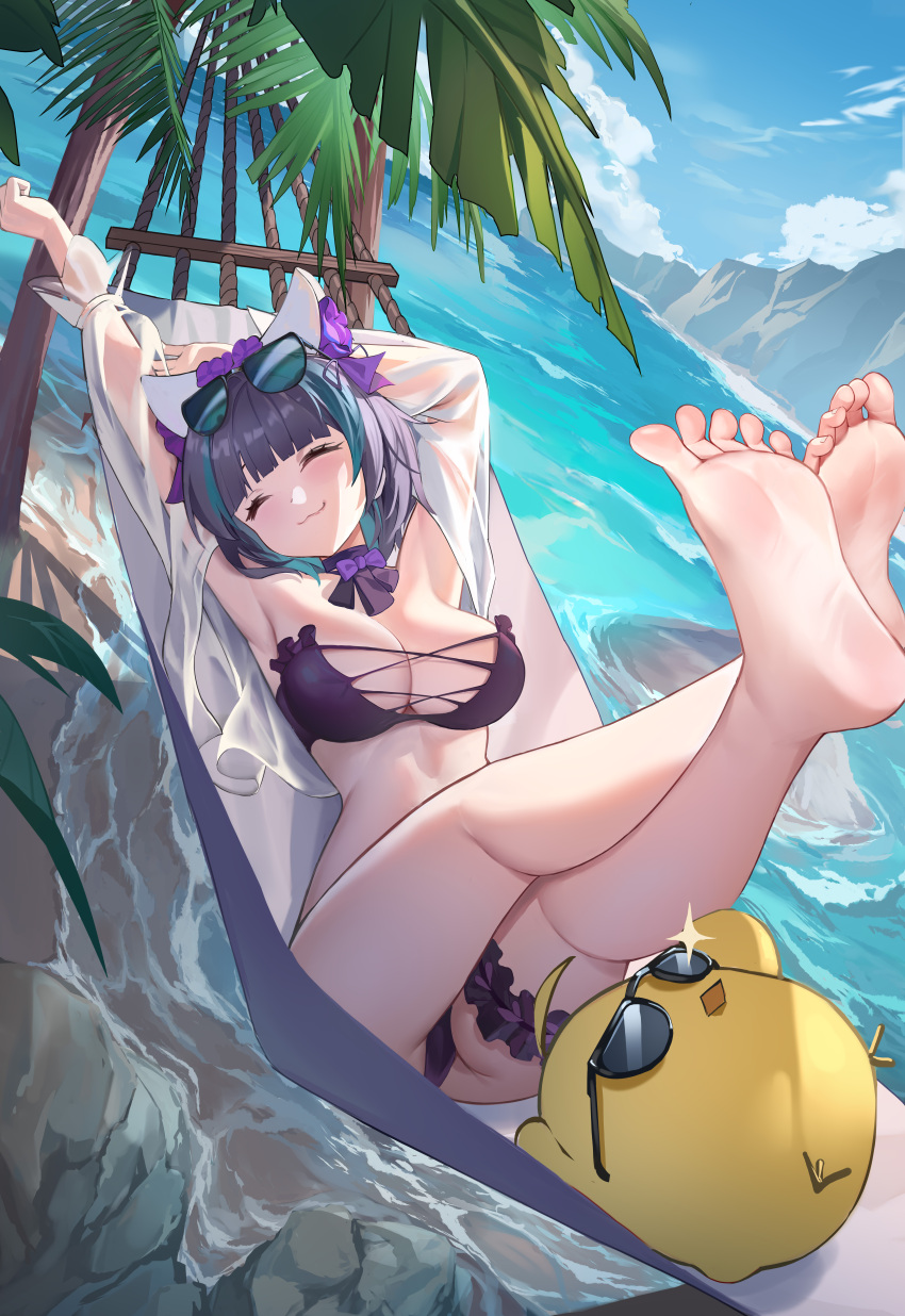 :3 absurdres animal_ears arm_behind_head armpits arms_up ass azur_lane barefoot beach bikini blue_hair breasts cat_ears cheshire_(azur_lane) cheshire_(summery_date!)_(azur_lane) chinese_commentary choker cleavage cliff closed_eyes closed_mouth commentary_request crossed_legs eyewear_on_head fake_animal_ears feet female foot_focus frilled_hairband frilled_ribbon frills garter_straps hairband hammock highres large_breasts legs legs_up lying manjuu_(azur_lane) multicolored_hair neck_ribbon ocean official_alternate_costume on_back outdoors palm_tree purple_bikini purple_choker purple_garter ribbon ribbon_choker sand see-through see-through_shirt shirt short_hair smile soles solo strapless strapless_bikini streaked_hair sunglasses swimsuit thigh_strap tinted_eyewear toes tree two-tone_hair water xiaoguolidun