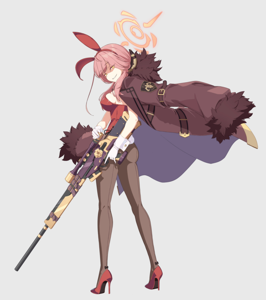 alternate_costume animal_ears aru_(blue_archive) belt blue_archive breasts cleavage coat coat_on_shoulders demon_horns fake_animal_ears fake_tail female fur-trimmed_coat fur-trimmed_jacket fur_coat fur_collar fur_trim gloves gradient grey_background gun h&k_psg1 halo high_heels highres holding holding_gun holding_weapon horns jacket leotard long_coat long_hair looking_at_viewer open_clothes open_coat pantyhose pink_hair playboy_bunny rabbit_ears rabbit_tail red_footwear rifle sando_(dukedevil) shaded_face shoes smile sniper_rifle solo strapless strapless_leotard tail weapon yellow_eyes