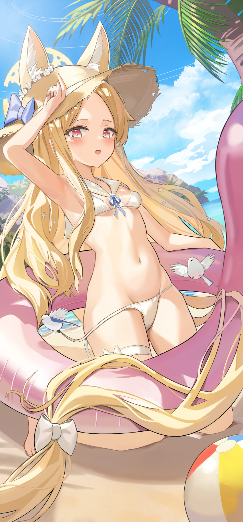 absurdly_long_hair absurdres animal animal_ear_fluff animal_ears bikini bird blonde_hair blue_archive blue_sky breasts brown_hat cloud commentary day female hat highres iv_(iv70311741) long_hair looking_at_viewer navel ocean open_mouth outdoors palm_tree pink_eyes seia_(blue_archive) sky small_breasts solo stomach straw_hat swimsuit tree very_long_hair white_bikini