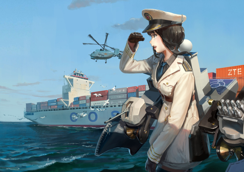 absurdres aircraft bird black_gloves black_hair blue_necktie blue_sky cannon cloud container_ship day epaulettes female gloves hat helicopter highres jacket jeanex kamov_ka-27 long_sleeves mecha_musume military military_uniform military_vehicle missile necktie ocean original outdoors peaked_cap people's_liberation_army people's_liberation_army_navy personification seagull ship sky solo turret uniform warship watercraft white_hat white_jacket