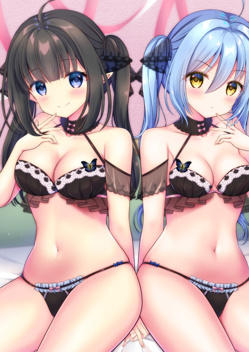 2girls ass black_hair blue_eyes blue_hair blush bra breasts cleavage highres king's_raid large_breasts looking_at_viewer mirianne_(king's_raid) miwa_uni multiple_girls navel open_mouth panties shirt short_hair skirt smile sonia_(king's_raid) thighhighs underwear yellow_eyes