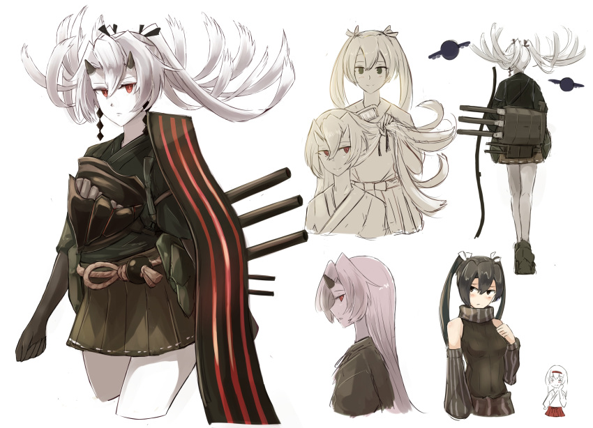 3girls abyssal_crane_princess abyssal_crane_princess_(cosplay) abyssal_ship black_hair brushing_another's_hair brushing_hair colored_skin commentary_request cosplay costume costume_switch detached_sleeves hakama hakama_short_skirt hakama_skirt highres japanese_clothes kantai_collection miniskirt mizuchi_(mizuchi7118) multiple_girls red_eyes shoukaku_(kancolle) skirt turret twintails white_hair white_skin zuikaku_(kancolle) zuikaku_(kancolle)_(cosplay)