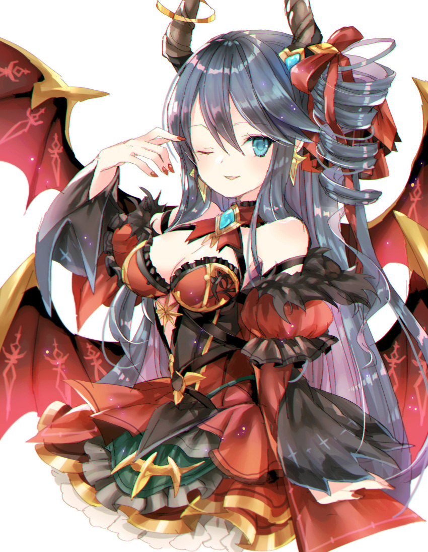 bangs bare_shoulders blue_eyes bow breasts character_request cleavage commentary_request cryptract curled_horns demon_girl demon_horns demon_wings detached_sleeves dress drill_hair earrings eyebrows_visible_through_hair female fingernails grey_hair hair_between_eyes hairbow hand_up highres horns jewelry kikka_(kicca_choco) long_hair long_sleeves looking_at_viewer medium_breasts multicolored_hair multiple_wings nail_polish one_eye_closed parted_lips pink_hair puffy_short_sleeves puffy_sleeves red_bow red_dress red_nails red_sleeves red_wings short_over_long_sleeves short_sleeves simple_background single_drill smile solo two-tone_hair very_long_hair white_background wide_sleeves wings