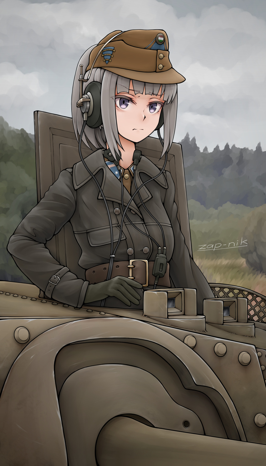 43m_zrinyi absurdres belt black_hair female gloves hat hatch headset high_ponytail highres hungary jacket leather leather_jacket long_hair military military_uniform military_vehicle motor_vehicle original ponytail purple_eyes serious sidelocks signature soldier solo tank uniform upper_body wavy_mouth world_war_ii zap-nik