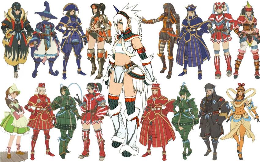 6+girls armband armor armored_dress artist_request baggy_pants bandeau belt black_armor black_hair blonde_hair blue_armor book boots breasts brown_hair chameleos_(armor) cleavage cleavage_cutout closed_mouth clothing_cutout conga_(armor) couter crest crop_top crossed_legs crown cuirass cuisses dark-skinned_female dark_skin dress elbow_gloves everyone family_crest faulds flat_chest forehead_protector full_armor fur_trim gauntlets gloves gorget greaves green_armor gypceros_(armor) hand_on_own_hip hands_on_own_hips hat helmet helper_(armor) hermitaur_(armor) holding horns kirin_(armor) knee_boots kuroobi_(armor) leg_warmers lineup loafers loincloth long_sleeves looking_at_viewer lunastra_(armor) midriff monster_hunter_(character) monster_hunter_(series) multiple_girls navel official_art orange_armor pants pauldrons plate_armor pleated_skirt poleyn ponytail rajang_(armor) red_armor rerebrace ribbon sabaton shen_gaoren_(armor) shoes short_hair short_twintails shoulder_armor simple_background single_horn single_pauldron sitting skirt small_breasts spiked_hair standing teostra_(armor) thigh_boots thigh_strap thighhighs torn_clothes turtleneck twintails vambraces watson_cross white_hair wide_sleeves witch_hat wrist_cuffs yama_tsukami_(armor) yotsuwari-bishi zettai_ryouiki