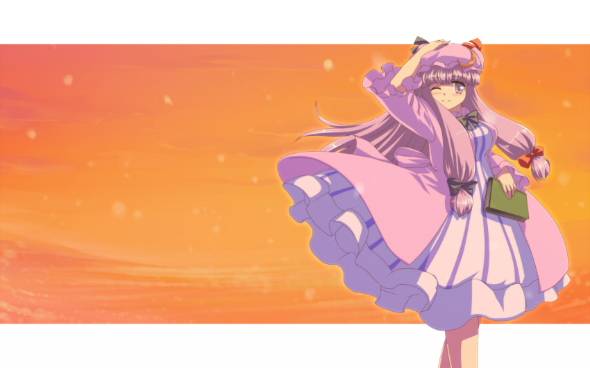 book bow commentary_request dress female hair_ribbon hairbow hat long_hair one_eye_closed patchouli_knowledge purple_eyes purple_hair ribbon solo standing tdk touhou