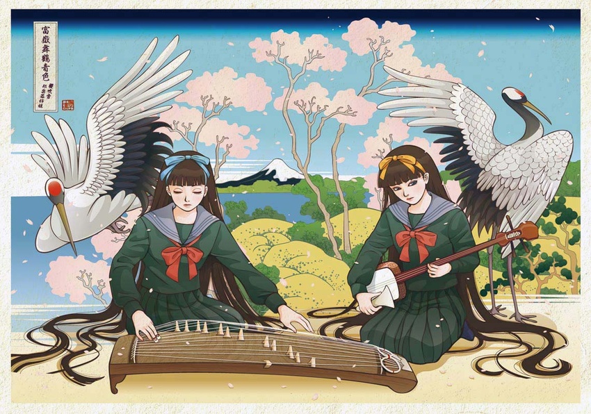 2girls bachi bird brown_hair cherry_blossoms crane_(animal) fine_art_parody green_serafuku green_skirt grey_sailor_collar holding holding_instrument instrument katsushika_hokusai_(1760) koto_(instrument) landscape long_hair long_sleeves mount_fuji mountain multiple_girls music nadeshiko_rin nature nihonga original parody photoshop_(medium) playing_instrument pleated_skirt plectrum red-crowned_crane ribbon sailor_collar scenery school_uniform seiza serafuku shamisen sitting skirt skirt_set tokaido_shinagawa_gotenyama_no_fuji translated ukiyo-e