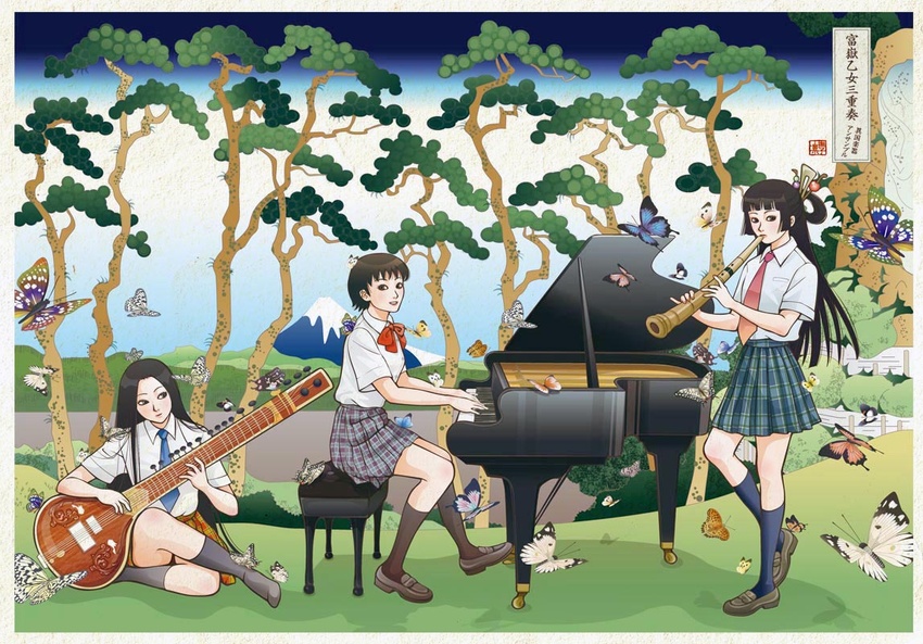 3girls baby_grand bug butterfly fine_art_parody flute grand_piano hair_ornament instrument mount_fuji mountain multiple_girls nadeshiko_rin necktie nihonga parody photoshop_(medium) piano piano_bench plaid plaid_skirt school_uniform serafuku shakuhachi sitar skirt tokaido_hodogaya translated tree ukiyo-e