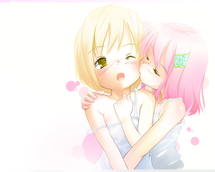 2girls blonde_hair blush child_on_child closed_eyes collarbone flat_chest hair_ornament kissing kissing_cheek lolicon multiple_girls open_mouth original pink_hair short_hair simple_background st+1 strap_slip yellow_eyes yuri