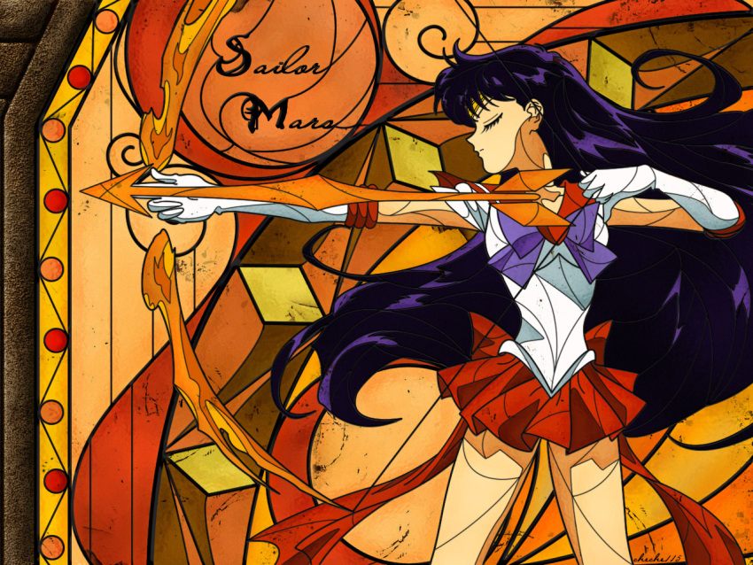 arrow_(projectile) bishoujo_senshi_sailor_moon black_hair bow bow_(weapon) character_name closed_eyes drawing_bow elbow_gloves female fire flaming_weapon from_side gloves hino_rei holding holding_bow_(weapon) holding_weapon long_hair magical_girl mars_arrow miniskirt purple_bow red_sailor_collar red_skirt sailor_collar sailor_mars sailor_senshi_uniform skirt solo stained_glass super_sailor_mars tiara weapon white_gloves