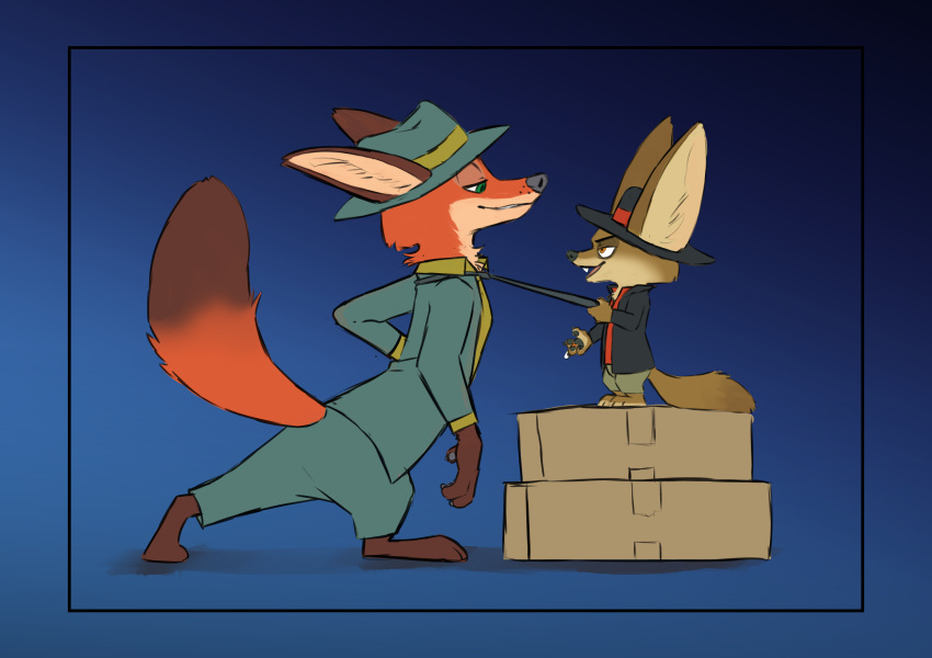 2019 absurd_res anthro blue_background canid canine clothed clothing coat dipstick_ears dipstick_tail disney duo ear_markings fennec_fox finnick_(zootopia) fox green_eyes hi_res male mammal markings multicolored_ears multicolored_tail necktie nick_wilde open_mouth red_fox simple_background smile standing standing_on_object starampharos tail tail_markings topwear true_fox zootopia