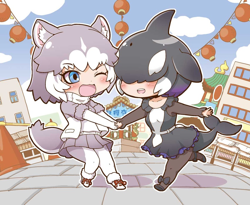 2girls :d ;d animal_ear_fluff animal_ears black_hair blowhole blue_eyes bodystocking bow cetacean_tail chibi collarbone collared_dress commentary_request covered_eyes day dog_(mixed_breed)_(kemono_friends) dog_ears dog_girl dog_tail dorsal_fin dress face-to-face fins fish_tail fisheye frilled_dress frills full_body fur_trim gerotan grey_hair hair_over_eyes head_fins holding_hands jacket kemono_friends lantern layered_sleeves long_sleeves looking_at_another medium_hair miniskirt multicolored_hair multiple_girls one_eye_closed open_mouth orca_(kemono_friends) outdoors outstretched_arms pleated_skirt pulling pulling_another's_clothes purple_hair running shoes short_dress short_over_long_sleeves short_sleeves skirt smile sweater_vest tail teeth two-tone_hair upper_teeth_only white_hair