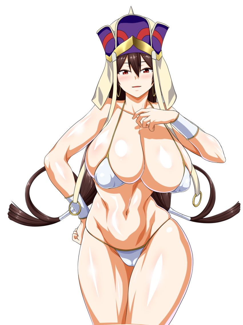 bare_shoulders bikini blush breasts brown_hair cleavage collarbone earrings fate/grand_order fate_(series) female hair_between_eyes hand_on_own_hip hat headdress highres hoop_earrings huge_breasts jewelry long_hair looking_at_viewer low-tied_long_hair navel oneone1 parted_lips pepo_(absolute1123) photoshop_(medium) red_eyes shiny_skin simple_background smile solo swimsuit white_background white_bikini xuangzang_sanzang_(fate)