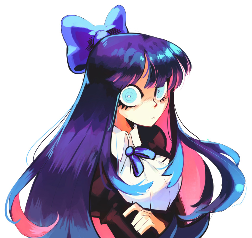 blue_bow blue_eyes blue_hair bow breasts collared_shirt colored_inner_hair commentary crossed_arms english_commentary female firebay frown hairbow highres juliet_sleeves long_sleeves looking_at_viewer medium_breasts multicolored_hair panty_&_stocking_with_garterbelt pink_hair puffy_sleeves shirt solo stocking_(psg) white_background white_shirt wide-eyed