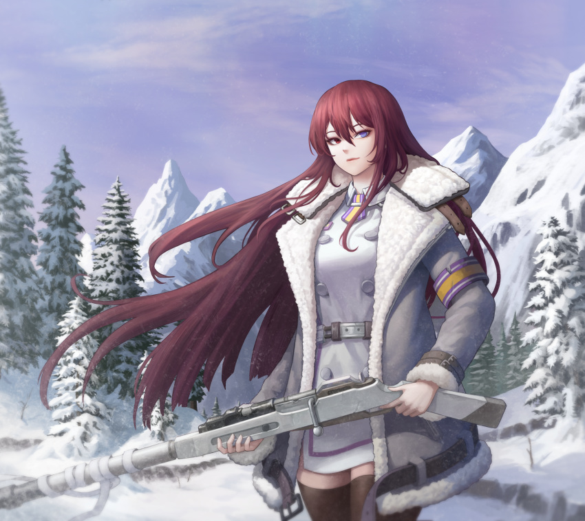 belt black_thighhighs blue_eyes coat dress female gun hair_between_eyes heterochromia highres last_origin long_hair looking_at_viewer mountain mountainous_horizon outdoors poper_(arin_sel) purple_hair red_eyes rifle short_dress smile snow solo thighhighs tree valkyrie_(last_origin) very_long_hair weapon winter winter_clothes