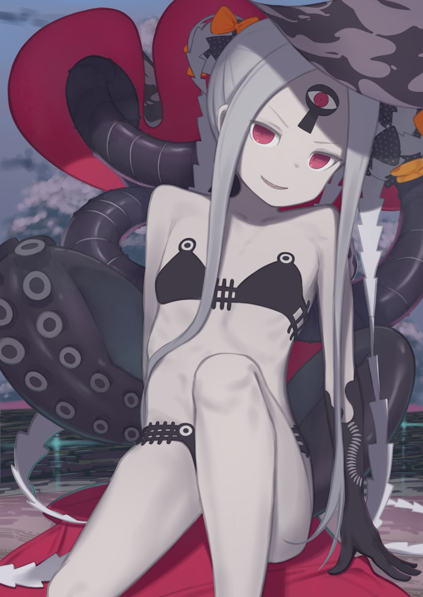 abigail_williams_(fate) abigail_williams_(swimsuit_foreigner)_(fate) abigail_williams_(swimsuit_foreigner)_(first_ascension)_(fate) absurdres bare_shoulders bikini black_bikini black_bow bow breasts collarbone colored_skin double_bun fate/grand_order fate_(series) female forehead grin hair_bun highres keyhole knee_up long_hair looking_at_viewer multiple_bows orange_bow parted_bangs purple_eyes sharp_teeth sidelocks sitting small_breasts smile swimsuit teeth tentacle thighs third_eye very_long_hair white_hair white_skin yomogi_uehara