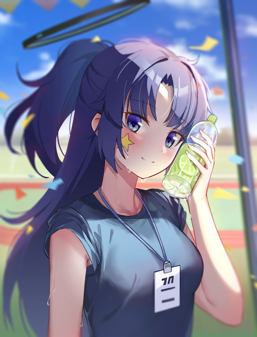 absurdres armpit_peek blue_archive blue_eyes blue_hair blurry blurry_background blush breasts commentary depth_of_field drink female gym_uniform halo high_ponytail highres holding holding_drink long_hair looking_at_viewer mechanical_halo name_tag official_alternate_costume parted_bangs qumai79 sidelocks small_breasts smile solo sportswear star_sticker sticker_on_face sweat upper_body yuuka_(blue_archive) yuuka_(track)_(blue_archive)