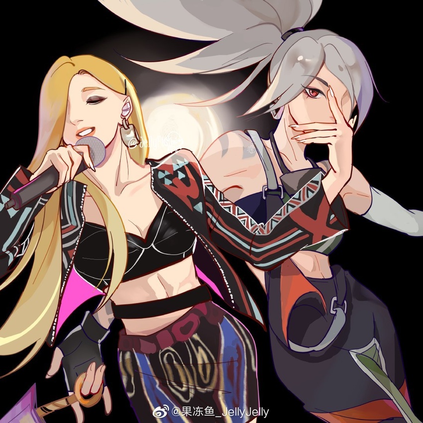 2girls \m/ akali arm_tattoo backlighting blonde_hair breasts collarbone commentary_request crop_top detached_sleeves dual_persona earrings english_commentary eyeshadow fingerless_gloves gloves grey_hair hair_over_one_eye idol jacket jellyjelly jewelry k-pop kunai league_of_legends lipstick long_hair makeup medium_breasts microphone mixed-language_commentary multiple_girls one_eye_covered open_clothes open_jacket real_life real_life_insert red_eyes shoulder_tattoo single_detached_sleeve soyeon suspenders_hanging tattoo true_damage_(league_of_legends) true_damage_akali voice_actor weapon