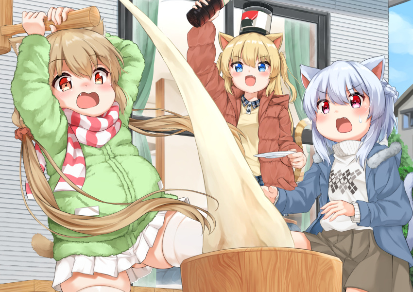 3girls :d animal_ears arms_up ass_visible_through_thighs black_skirt blonde_hair blue_eyes blue_jacket blue_skirt blush bottle braid brown_hair brown_jacket cat_ears cat_girl cat_tail commentary_request day fat food fur-trimmed_jacket fur_trim green_jacket grey_hair hair_ornament hair_scrunchie highres hiyori-chan holding holding_bottle hood hood_down hooded_jacket jacket kine koruri-chan_(sora) long_hair long_sleeves mallet mochi mochi_trail mochitsuki multiple_girls oerba_yun_fang on_head open_clothes open_jacket original outdoors plaid plaid_skirt pleated_skirt red_eyes red_scrunchie saucer scarf scrunchie shirt skirt smile sora_(silent_square) striped_clothes striped_scarf striped_tail sweat tail thighhighs tsugumi-chan_(sora) two_side_up v-shaped_eyebrows very_long_hair wavy_mouth white_shirt white_skirt white_thighhighs