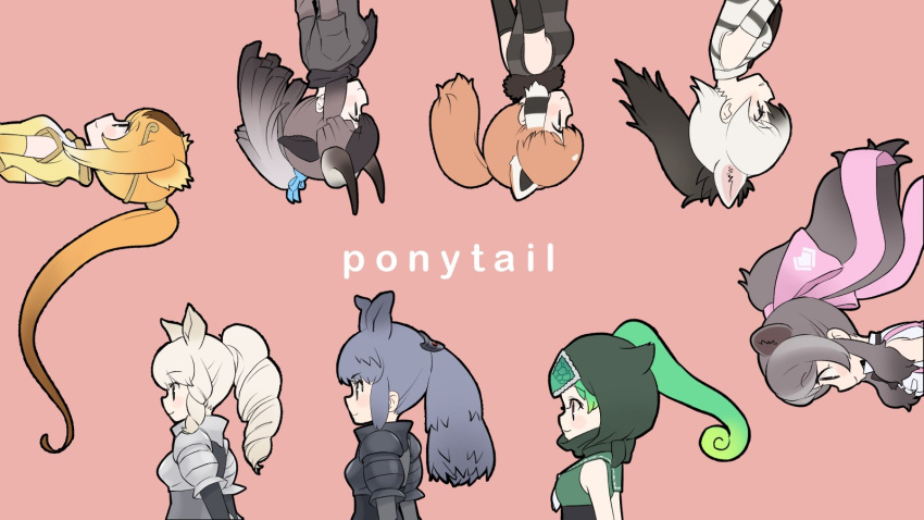 6+girls aardwolf_(kemono_friends) aardwolf_ears animal_ears armor arms_at_sides bare_shoulders bear_ears bergman's_bear_(kemono_friends) black_hair black_rhinoceros_(kemono_friends) black_wildebeest_(kemono_friends) blonde_hair bow breastplate brown_hair circlet closed_mouth detached_hood drill_hair drill_ponytail elbow_gloves english_text extra_ears floating_hair forehead_protector from_side fur_collar gloves golden_snub-nosed_monkey_(kemono_friends) green_hair grey_hair hairbow high_ponytail highres hood hood_up horns kemono_friends kuromitsu_(9633_kmfr) lesser_panda_(kemono_friends) light_smile long_hair long_sleeves monkey_ears multicolored_hair multiple_girls orange_hair panther_chameleon_(kemono_friends) parted_lips red_hair red_panda_ears rhinoceros_ears rotational_symmetry shirt short_sleeves shoulder_armor sidelocks simple_background sleeveless sleeveless_shirt upper_body upside-down very_long_hair white_rhinoceros_(kemono_friends)