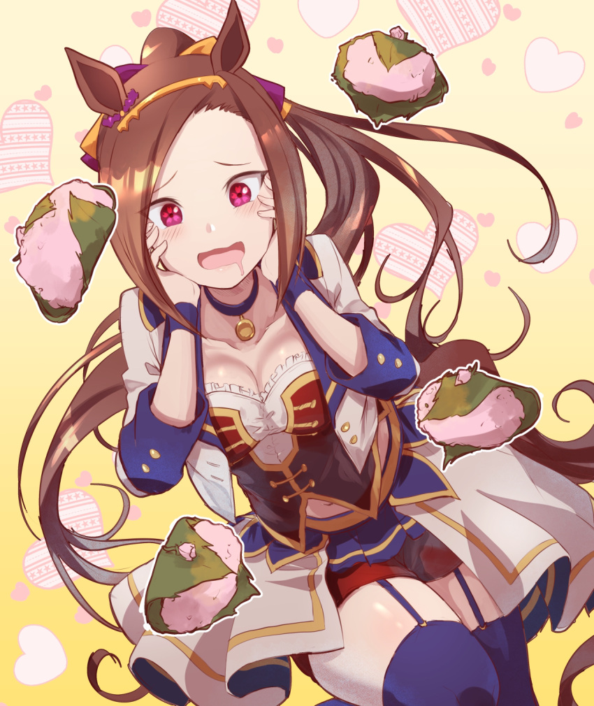 :d animal_ears asymmetrical_bangs bad_id bad_pixiv_id blue_garter_straps blue_thighhighs blush bow breasts brown_hair choker cleavage collarbone commentary_request corset drooling ear_ornament facing_viewer feet_out_of_frame female flower_in_eye food garter_straps gold_hairband hairband hairbow hands_on_own_cheeks hands_on_own_face heart highres horse_ears horse_girl jacket leaf leaning long_hair long_sleeves medium_breasts mouth_drool navel open_clothes open_jacket open_mouth pink_eyes ponytail raised_eyebrows red_shorts sakura_bakushin_o_(umamusume) sakura_mochi shorts shorts_under_skirt sidelocks skirt smile solo starting_future_(umamusume) symbol_in_eye thighhighs umamusume very_long_hair wagashi white_jacket white_skirt wristband yellow_background yue_(lov_n_n)