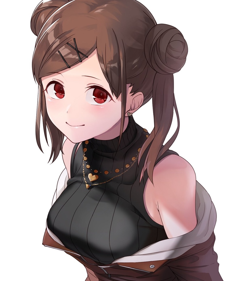 akimikan_(2.5deciliter) bare_shoulders black_shirt blush breasts brown_hair brown_jacket closed_mouth dot_nose double_bun earrings female hair_bun hair_ornament hairclip heart heart_earrings heart_necklace highres idolmaster idolmaster_shiny_colors jacket jewelry large_breasts long_hair looking_at_viewer necklace off_shoulder partially_unzipped red_eyes shirt simple_background sleeveless sleeveless_shirt smile solo sonoda_chiyoko twintails upper_body white_background zipper