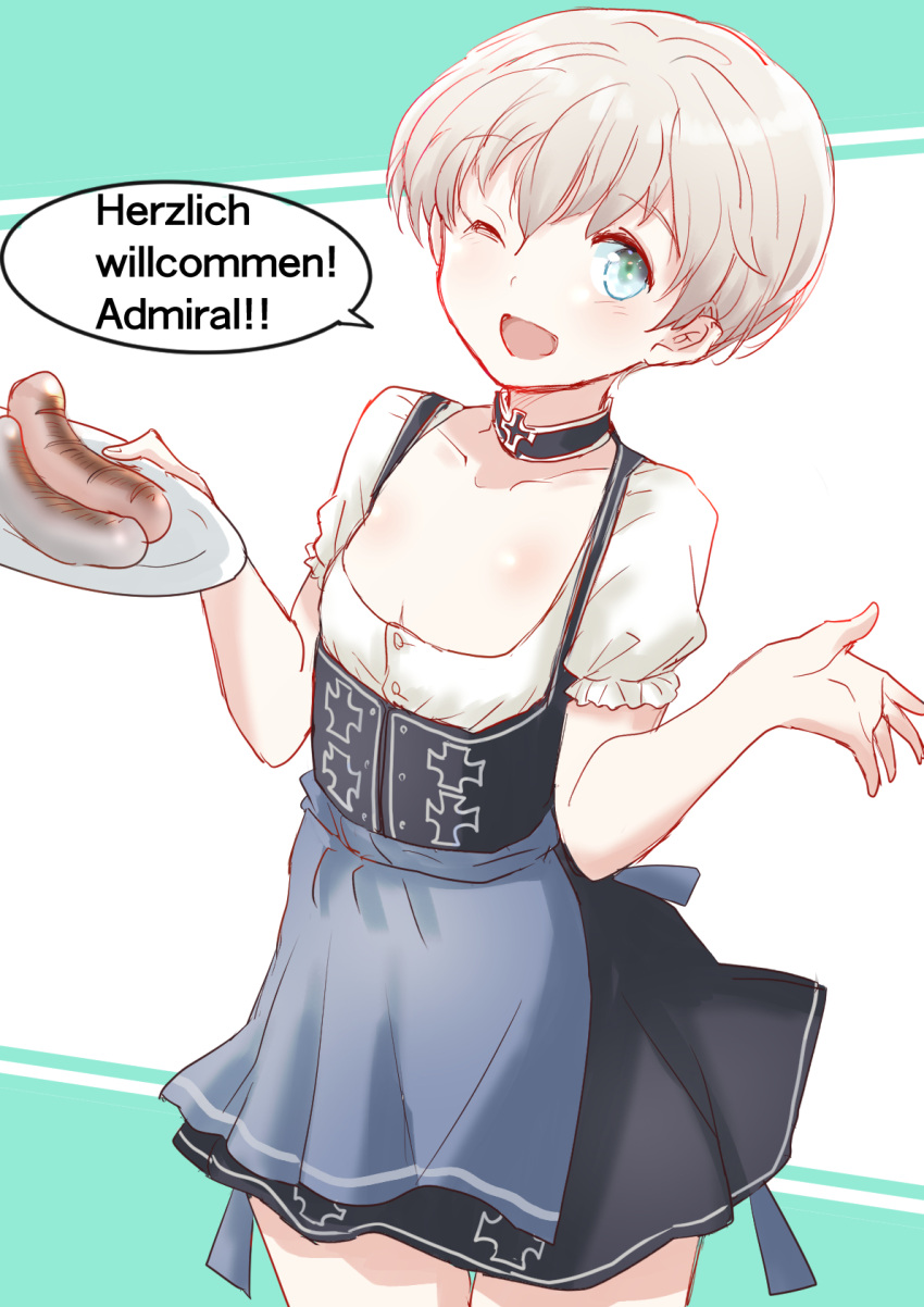 apron blouse blue_eyes bodice choker commentary_request cowboy_shot cross dirndl dress female flat_chest food fuji_(pixiv24804665) german_clothes german_text highres iron_cross kantai_collection one_eye_closed pinafore_dress puffy_short_sleeves puffy_sleeves ranguage sausage shirt short_hair short_sleeves sleeveless sleeveless_dress solo standing translated waist_apron waitress white_hair z1_leberecht_maass_(kancolle) z1_leberecht_maass_(oktoberfest_mode)_(kancolle)