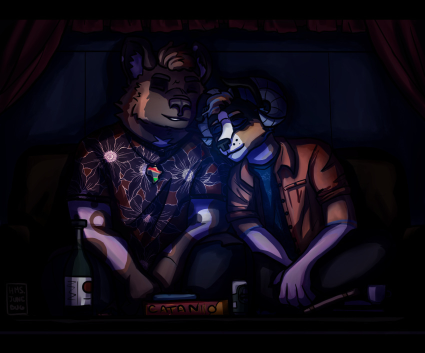 african_wild_dog anthro bottle canid canine closed_eyes clothed clothing container curtains darius_davis digital_media_(artwork) duo fully_clothed fur furniture hair hms.junebug horn hybrid jewelry male mammal multicolored_body multicolored_fur necklace sitting sleeping sofa window