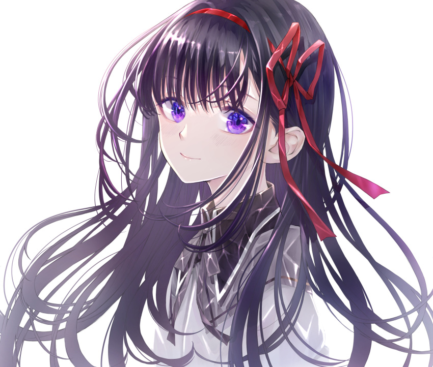 akemi_homura akemi_homura_(magical_girl) black_hair commentary female hair_ribbon highres long_hair looking_at_viewer magical_girl mahou_shoujo_madoka_magica mahou_shoujo_madoka_magica_(anime) purple_eyes red_ribbon ribbon riri_(ririwaldorf) smile solo symbol-only_commentary