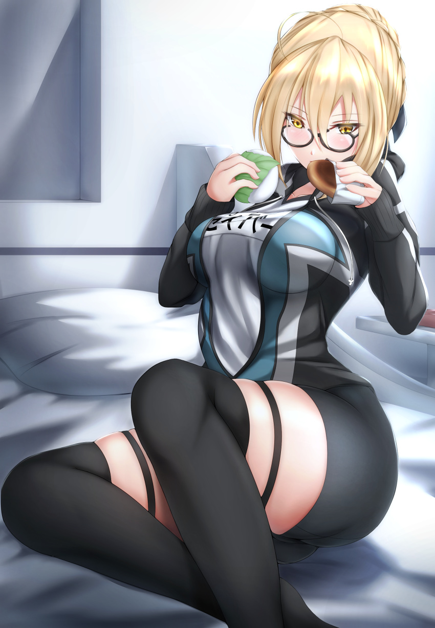 absurdres ahoge artoria_pendragon_(fate) bike_shorts black-framed_eyewear black_jacket black_ribbon black_shorts black_thighhighs blush braid breasts eating fate/grand_order fate_(series) female food french_braid glasses gym_shirt gym_uniform hair_between_eyes hair_bun hair_ribbon highres jacket large_breasts long_hair long_sleeves looking_at_viewer mysterious_heroine_x_alter_(fate) mysterious_heroine_x_alter_(second_ascension)_(fate) name_tag on_bed pillow ribbon semi-rimless_eyewear shirt shorts single_hair_bun sitting solo thigh_strap thighhighs thighs tiri_man track_jacket under-rim_eyewear yellow_eyes