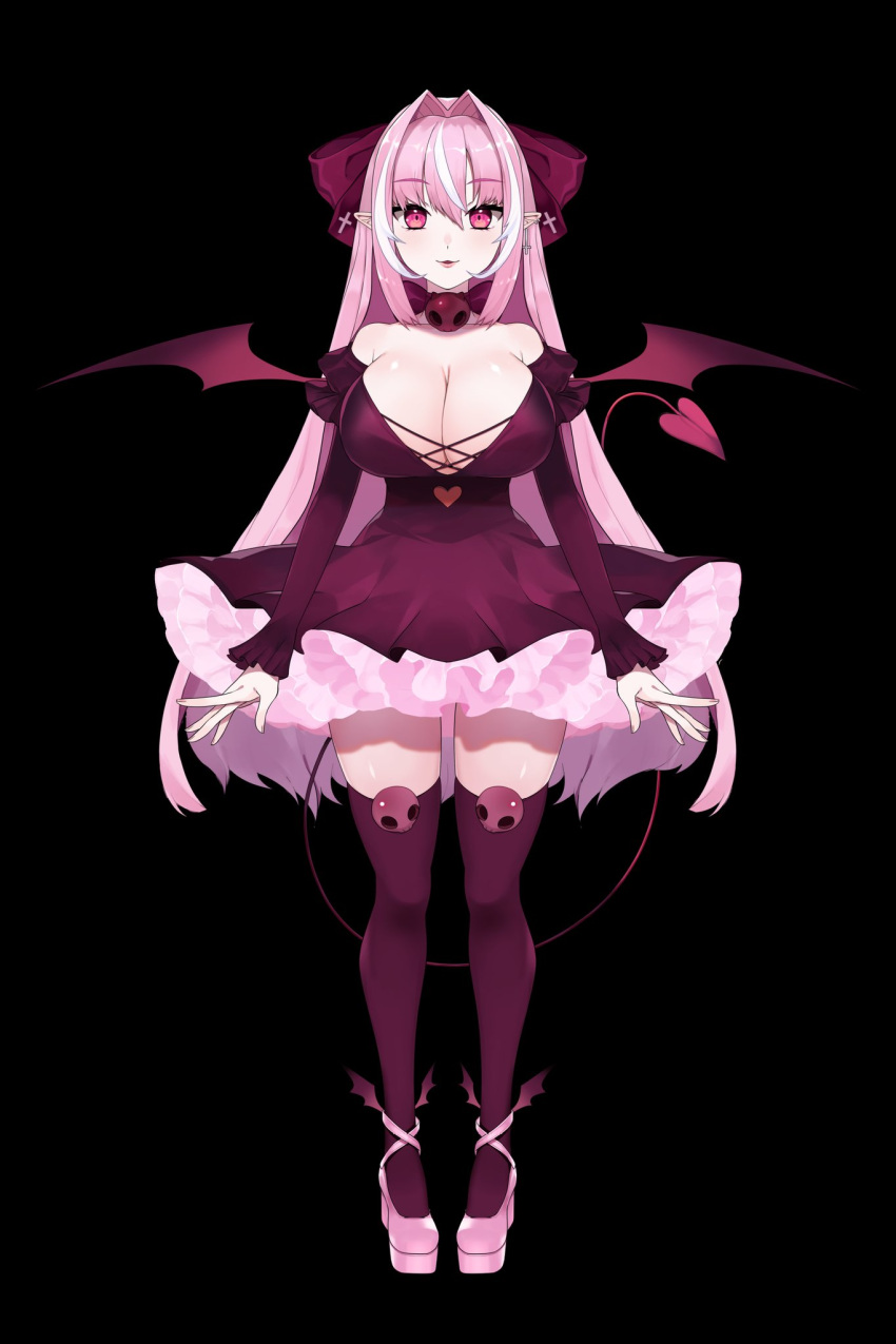 ai_yumeka breasts cleavage demon_wings dress english_commentary female hair_ribbon high_heels highres indie_virtual_youtuber large_breasts multicolored_hair nora_(norabox) official_art open_hands pink_eyes pink_footwear pointy_ears purple_dress red_ribbon ribbon second-party_source solo streaked_hair thighhighs virtual_youtuber white_hair wings