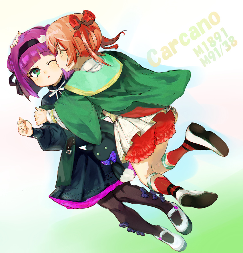 2girls absurdres aged_down carcano_m1891_(girls'_frontline) carcano_m1891_(little_brave_cano)_(girls'_frontline) carcano_m91/38_(girls'_frontline) carcano_m91/38_(miss_pinocchio)_(girls'_frontline) character_name closed_eyes commentary_request dress eyes_visible_through_hair girls'_frontline highres hug kissing kissing_cheek multiple_girls murechika official_alternate_costume pantyhose partial_commentary pink_hair purple_hair shoes socks