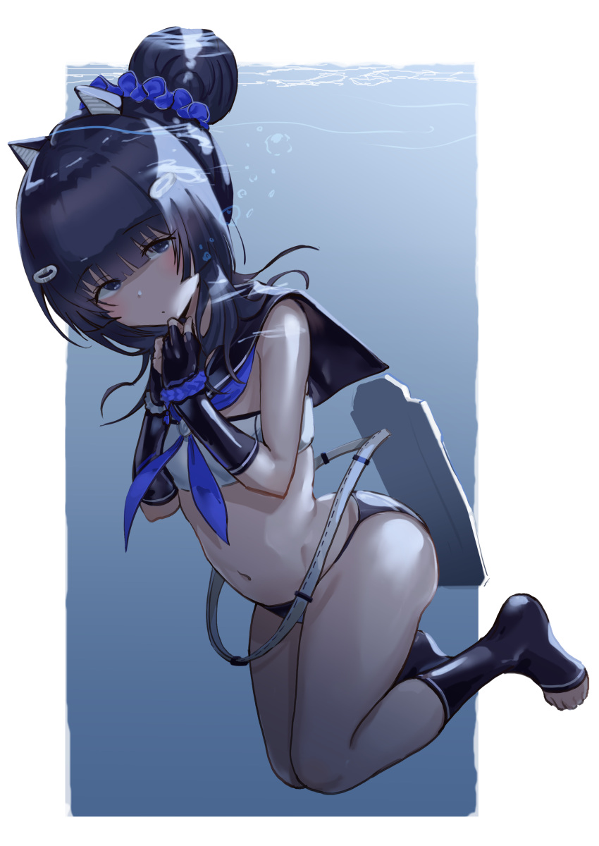 absurdres animal_ears ass azur_lane bandeau blue_eyes blue_gloves blue_hair blue_neckerchief blue_socks blunt_bangs blush breasts cat_ears commentary fake_animal_ears female fingerless_gloves gloves hair_bun hair_ornament hair_scrunchie highres i-56_(azur_lane) long_bangs looking_at_viewer navel neckerchief sailor_bikini sailor_collar sankyo_(821-scoville) scrunchie short_hair single_hair_bun small_breasts socks solo stomach strapless swimsuit thighs toeless_legwear underwater