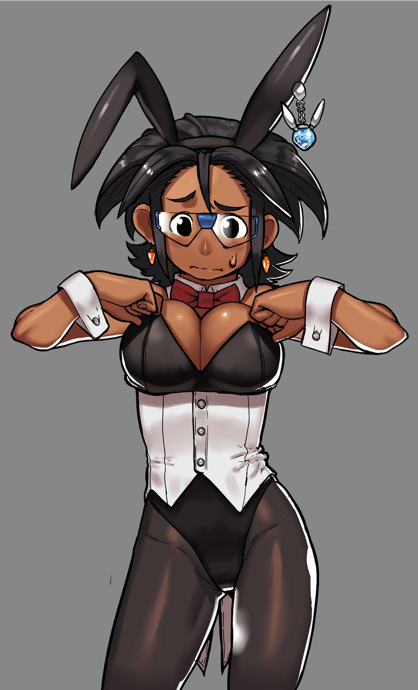 animal_ears arung_samudra_(cessa) black_eyes black_hair black_legwear black_leotard bow bowtie breasts bunny_ears bunnysuit cessa cleavage commentary corset dark_skin detached_collar earrings english_commentary fake_animal_ears female glasses highres jewelry large_breasts leotard medium_hair original pantyhose raised_eyebrow red_bow rimless_eyewear shooting_glasses solo standing strapless strapless_leotard sweatdrop very_dark_skin wrist_cuffs