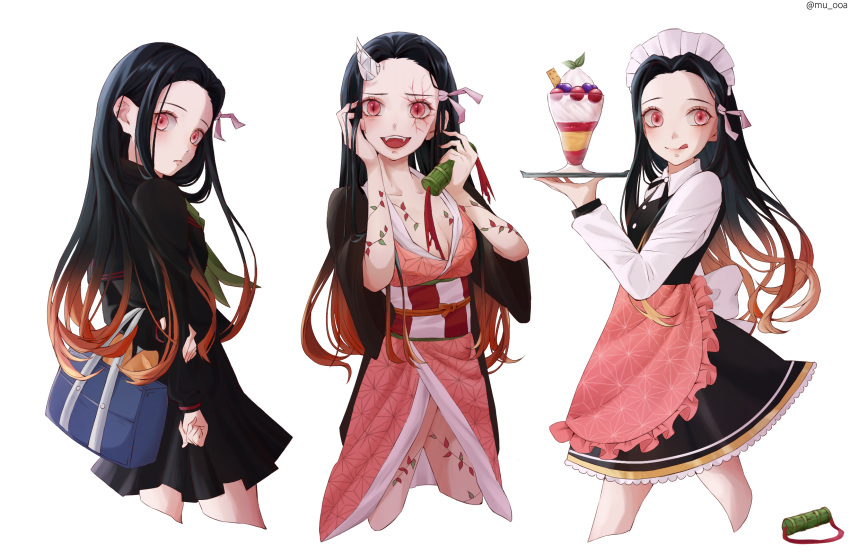 alternate_costume apron asa_no_ha_(pattern) bag black_hair black_shirt black_skirt breasts brown_hair checkered_sash cleavage demon_girl fangs female food gag highres holding holding_plate horns ice_cream japanese_clothes kamado_nezuko kimetsu_gakuen kimetsu_no_yaiba kimono licking_lips long_hair looking_at_viewer maid_headdress mu_ooa multiple_views obi pink_apron pink_eyes pink_kimono plate sash school_bag school_uniform shirt simple_background single_horn skirt slit_pupils smile tattoo tongue tongue_out unworn_gag waist_apron white_background