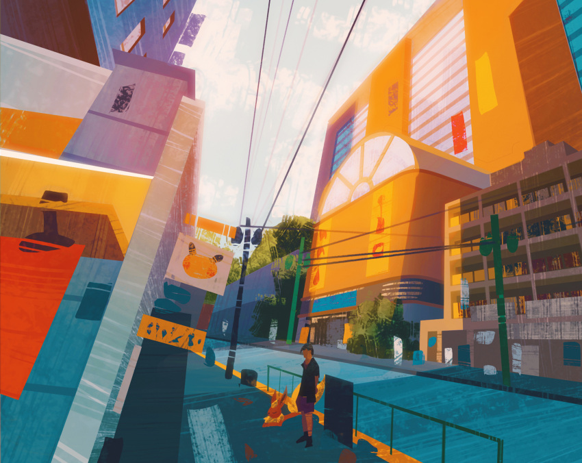 barricade blue_sky building celadon_city city cloud cloudy_sky commentary day english_commentary flareon highres outdoors pikachu pokemon pokemon_(creature) power_lines road scenery shorts sidewalk sign simone_mandl sky utility_pole