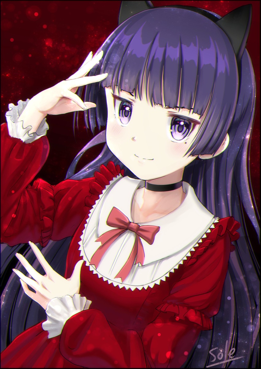 animal_ears black_hair blue_eyes bow cat_ears choker dress fake_animal_ears female frilled_cuffs frilled_sleeves frills gokou_ruri highres long_hair mole mole_under_eye ore_no_imouto_ga_konna_ni_kawaii_wake_ga_nai red_background red_dress smile solo telaform