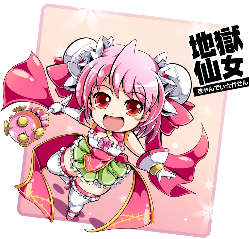 :d blush_stickers bun_cover chibi chinese_clothes commentary_request death_angel_komachi double_bun female flower gloves hair_bun ibaraki_kasen ichirino_minagi magical_girl open_mouth pink_flower pink_hair pink_rose red_eyes rose short_hair skirt smile solo standing standing_on_one_leg tabard thighhighs touhou wand