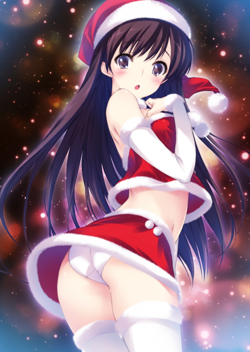 ass bare_shoulders black_eyes black_hair blush christmas detached_sleeves female fur_trim highres kawata_hisashi long_hair looking_at_viewer looking_back morikawa_yuki open_mouth panties pantyshot santa_costume sitting skirt solo thighhighs underwear upskirt white_album white_album_(series) white_panties white_thighhighs