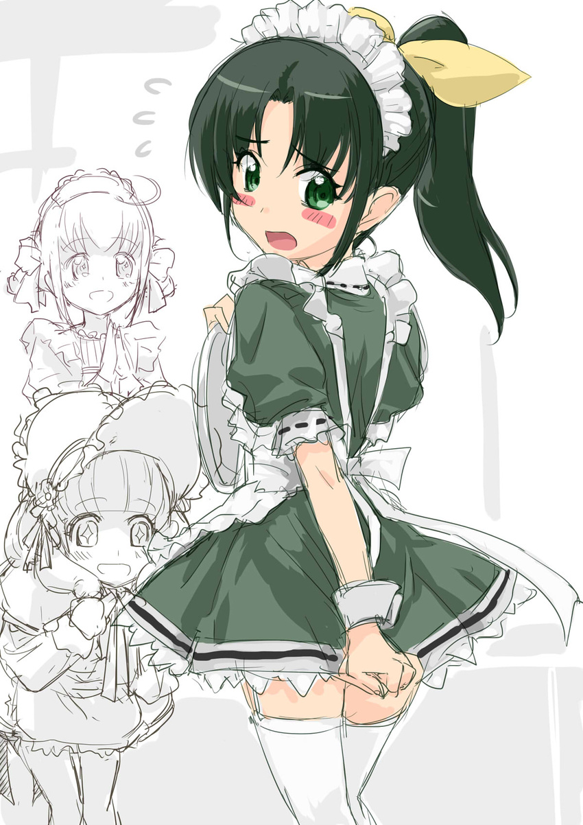 +_+ 3girls alternate_costume apron blush bow commentary_request embarrassed enmaided flying_sweatdrops frills from_behind garter_straps green_eyes green_hair hairbow hat highres hoshizora_miyuki looking_back maid maid_headdress midorikawa_nao multiple_girls open_mouth partially_colored ponytail precure smile smile_precure thighhighs tooya_daisuke tray wrist_cuffs yayoi_kise