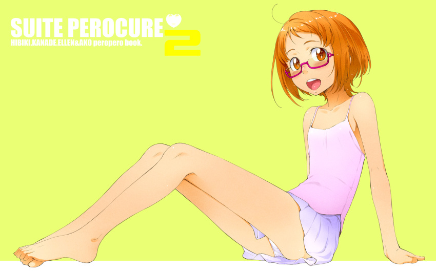 arm_support bad_id bad_pixiv_id bare_shoulders barefoot blush commentary_request cover cover_page feet female flat_chest full_body glasses highres legs looking_at_viewer open_mouth orange_eyes orange_hair panties pantyshot photoshop_(medium) precure sakura_kotetsu shirabe_ako short_hair simple_background sitting skirt solo suite_precure tank_top toes underwear white_panties yellow_background