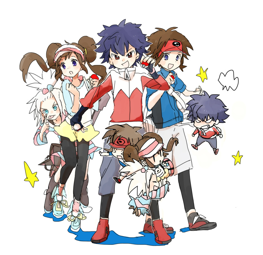 2boys 2girls abrame aqua_eyes bag blue_eyes blue_hair boots brown_eyes brown_hair gym_leader highres homika_(pokemon) homika_(pokemon_bw2) hue_(pokemon) kyouhei_(pokemon) male_protagonist_(pokemon_bw2) mei_(pokemon) mei_(pokemon) multiple_boys multiple_girls open_mouth pantyhose poke_ball pokeball pokemon pokemon_(game) pokemon_bw2 rival_(pokemon_bw2) shoes shorts skirt sneakers tongue visor white_hair