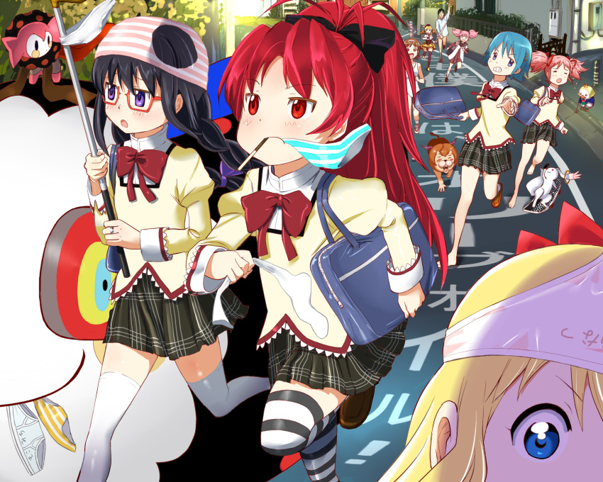 1boy 6+girls :o akemi_homura azazel_(azazel-san) barefoot beelzebub_(azazel-san) braid charlotte_(madoka_magica) commentary_request crossover dress female_pervert food glasses golf_club highres ikamusume kyuubee long_hair mahou_shoujo_madoka_magica mahou_shoujo_madoka_magica_(anime) miki_sayaka mitakihara_school_uniform mouth_hold multiple_crossover multiple_girls mushi_gyouza nagatsuki_sanae name_connection nanamori_school_uniform object_on_head panties panties_in_mouth panties_on_head pervert pocky red-framed_eyewear running sailor_dress sakura_kyoko school_uniform serafuku shinryaku!_ikamusume skateboard striped_clothes striped_panties thighhighs tomoe_mami toshinou_kyouko twin_braids underwear white_legwear yondemasu_yo_azazel-san. yoshikawa_chinatsu yuru_yuri zettai_ryouiki