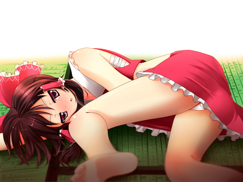 :o bad_id bad_pixiv_id bare_legs bare_shoulders barefoot blurry blurry_foreground blush bow brown_hair depth_of_field dx_(dekusu) feet female foreshortening hair_tubes hairbow hakurei_reimu legs long_hair looking_at_viewer lying midriff on_floor on_side open_mouth panties red_bow red_eyes sarashi soles solo tatami touhou underwear white_panties