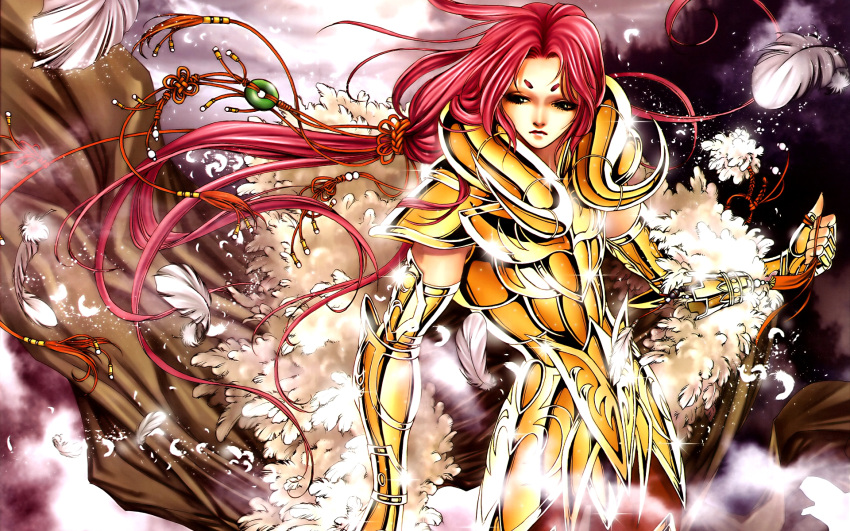 1boy aries_muu armor brown_eyes feathers gauntlets gimp_(medium) gold_armor gold_cloth gold_saint hair_ornament highres long_hair male_focus pauldrons red_hair saint_seiya shoulder_armor solo