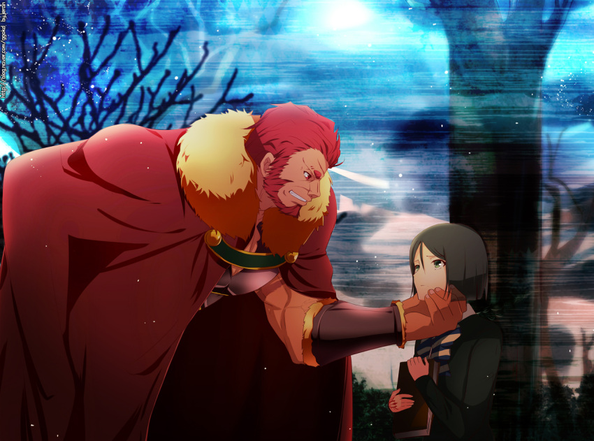 1boy bad_id bad_pixiv_id beard black_hair bob_cut bow cape eyebrows facial_hair fate/zero fate_(series) female genderswap_(mtf) green_eyes hand_on_another's_face iskandar_(fate) jeran_(ggokd) necktie parody parted_bangs photoshop_(medium) red_eyes red_hair rule_63 vambraces waver_velvet