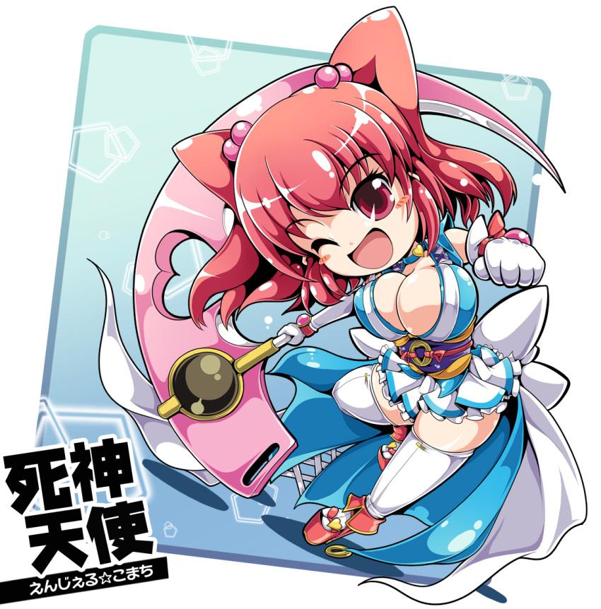 ;d blush_stickers breasts chibi cleavage commentary_request death_angel_komachi female hair_bobbles hair_ornament ichirino_minagi magical_girl medium_breasts one_eye_closed onozuka_komachi open_mouth platform_footwear platform_heels red_eyes red_hair scythe skirt smile solo standing standing_on_one_leg thighhighs touhou two_side_up white_thighhighs