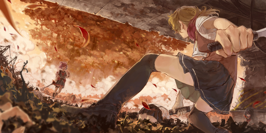 2girls battlefield blonde_hair commentary_request corpse dual_wielding dutch_angle fighting_stance glowing glowing_eyes holding jewelry knife multiple_girls necklace original photoshop_(medium) pink_hair red_eyes reverse_grip scarf school_uniform short_hair silverwing skirt squatting standing