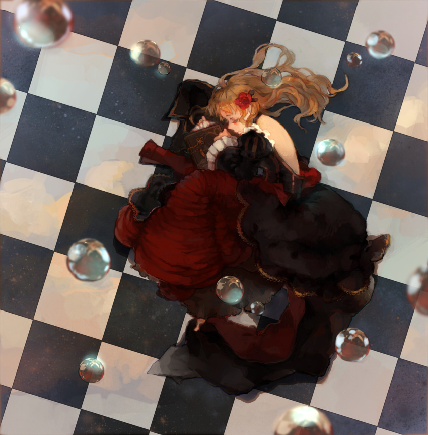 alternate_hairstyle beatrice_(umineko) blonde_hair book checkered_floor closed_eyes commentary_request dress female fetal_position flower formal full_body hair_down hair_flower hair_ornament highres long_hair lying on_side red_flower red_rose rose solo umineko_no_naku_koro_ni wakatsuki_(etoiles)