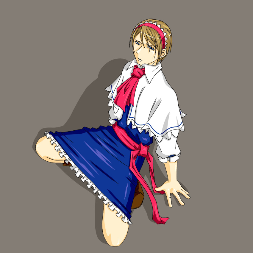 1boy alice_blackburn alice_margatroid alice_margatroid_(cosplay) blonde_hair blue_eyes bow capelet commentary_request cosplay crossdressing dress fujisaki_keiko_(konaken) hairband hairbow highres ketsui male_focus name_connection skirt solo touhou